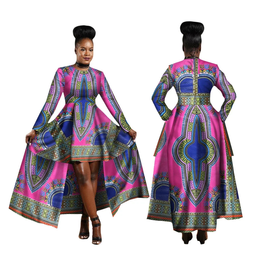 Woman wearing a colorful dress with a pattern, shown from front and back, on a white background.