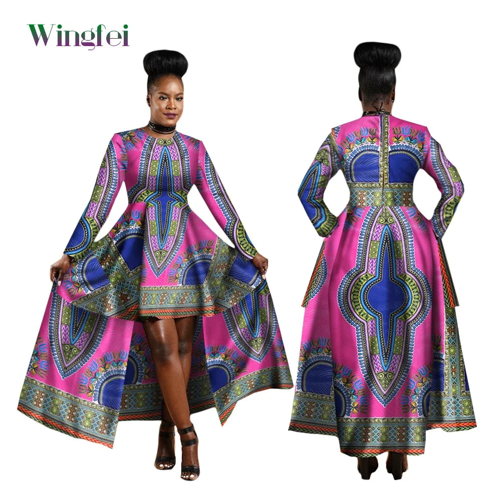 Robe Africaine Hi-Low Dashiki Vert, Or et Rouge pour orner toutes les morphologies du XS au 6X