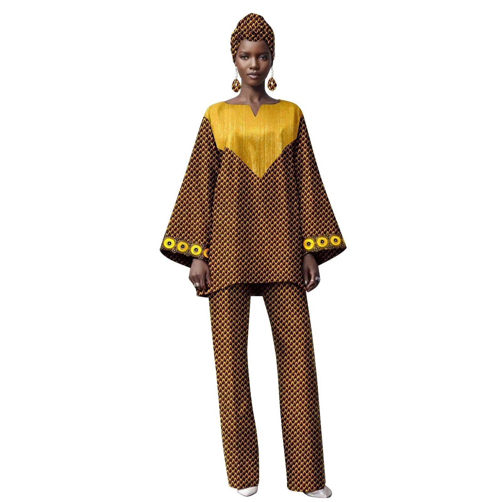 Woman wearing a yellow and brown patterned outfit with &