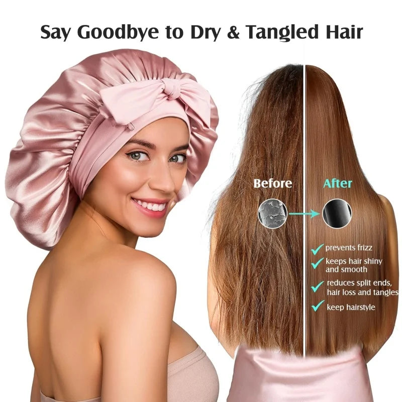 Before and after results of using Luxe Silk Bonnet showing reduced frizz, shinier hair, and fewer tangles. Promotes healthy hair maintenance.