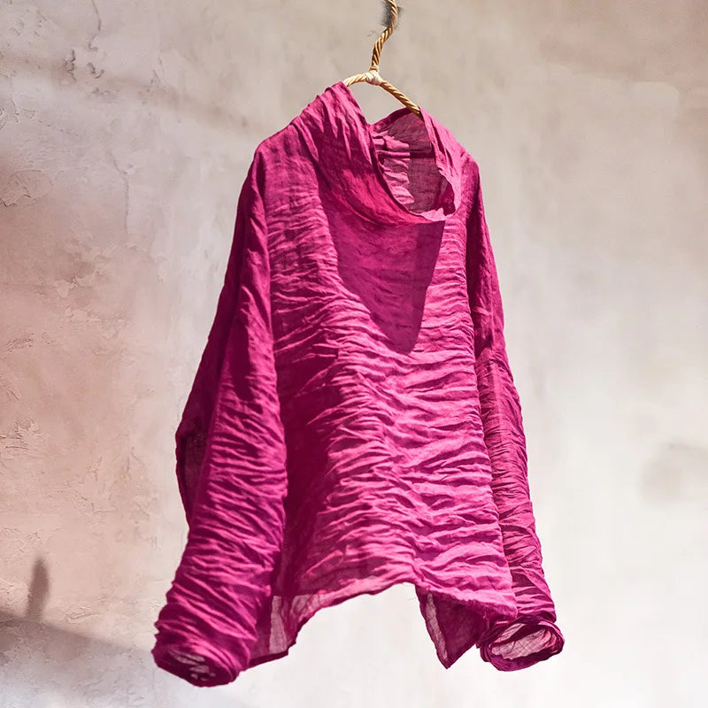 Sheer Crinkled Long-Sleeve Draped Top for Luxe Style