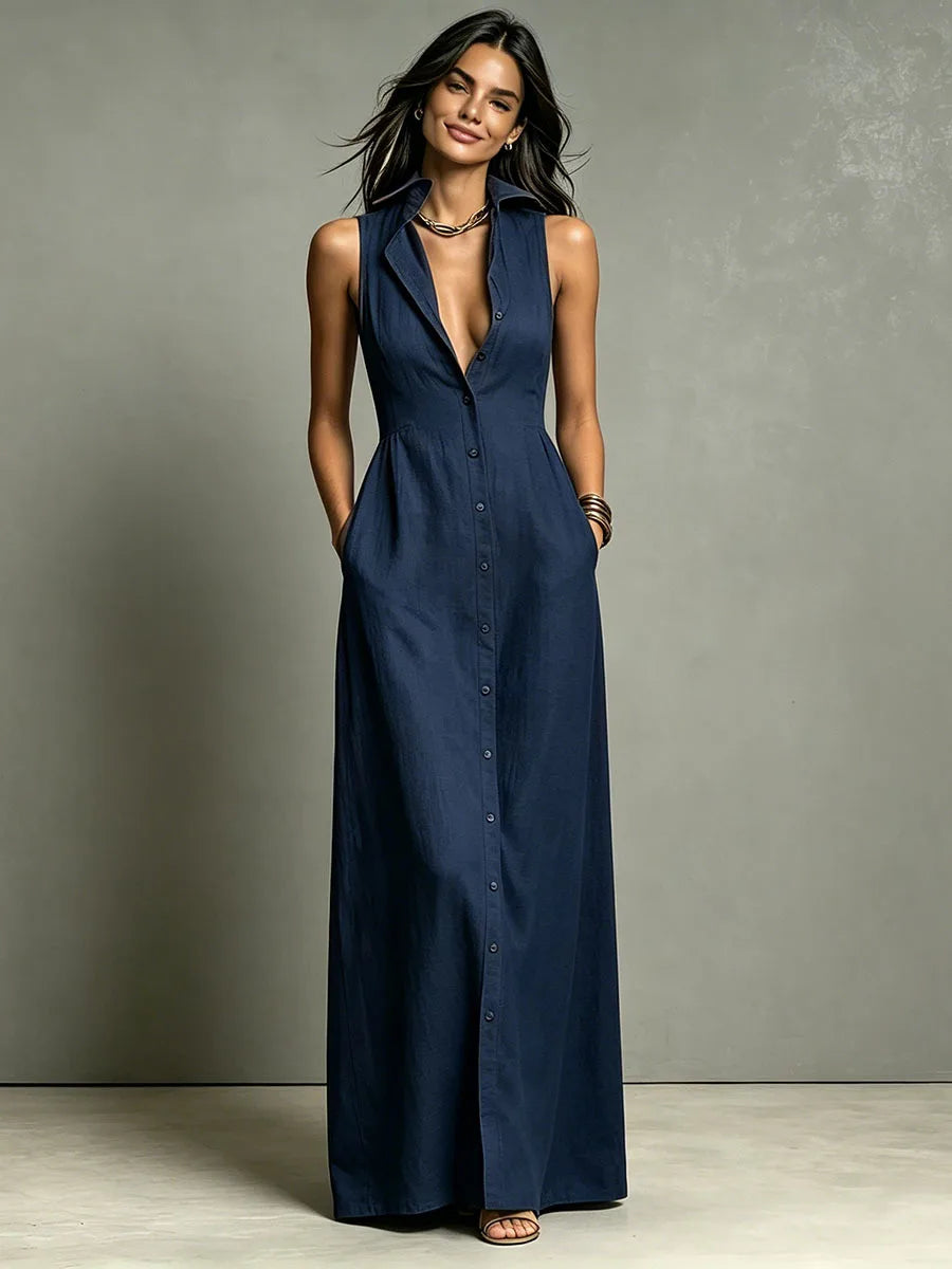 Fashion V-neck Maxi Dress Single Breasted Sleeveless
