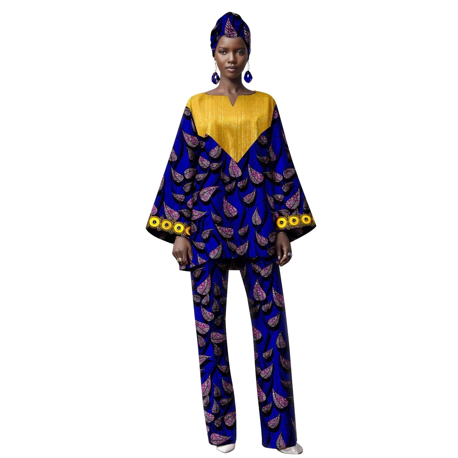 Woman wearing a blue and yellow outfit with a pattern, on a white background.