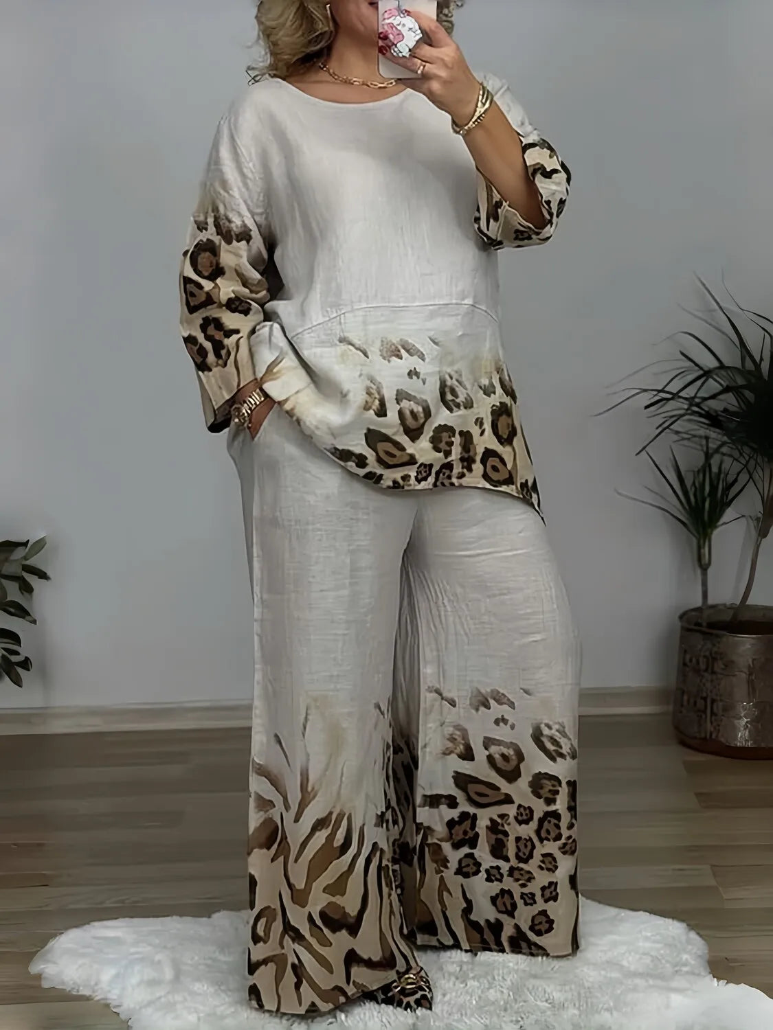 Stylish Two-Piece Lounge Set with Animal Print Accents