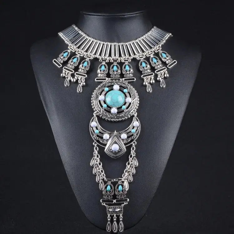 Bohemian Silver Statement Necklace with Turquoise Accents