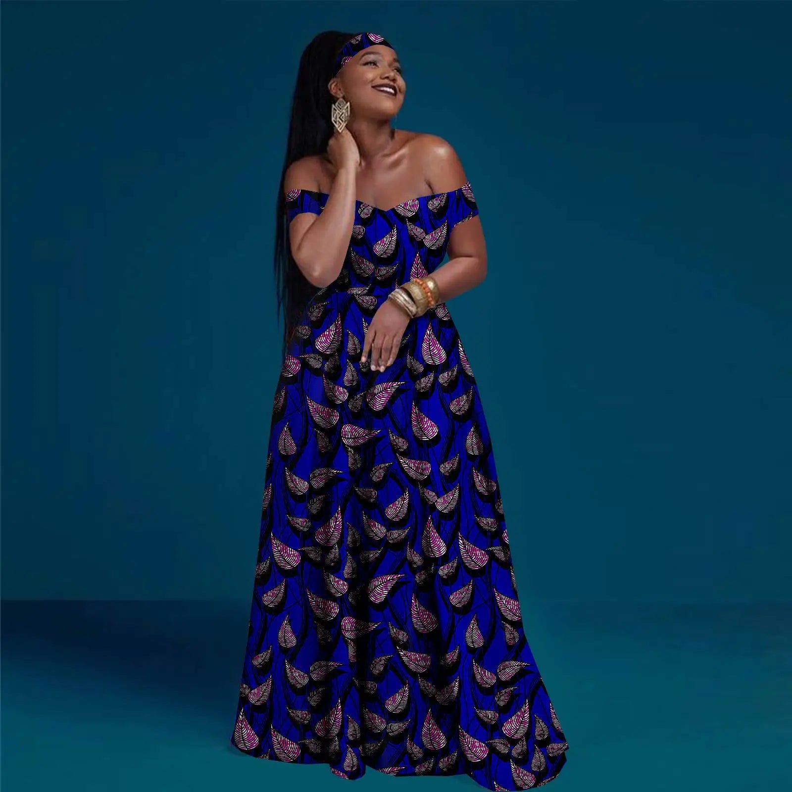 A-line African Dress Off Shoulder Sleeveless Gown with Headwrap