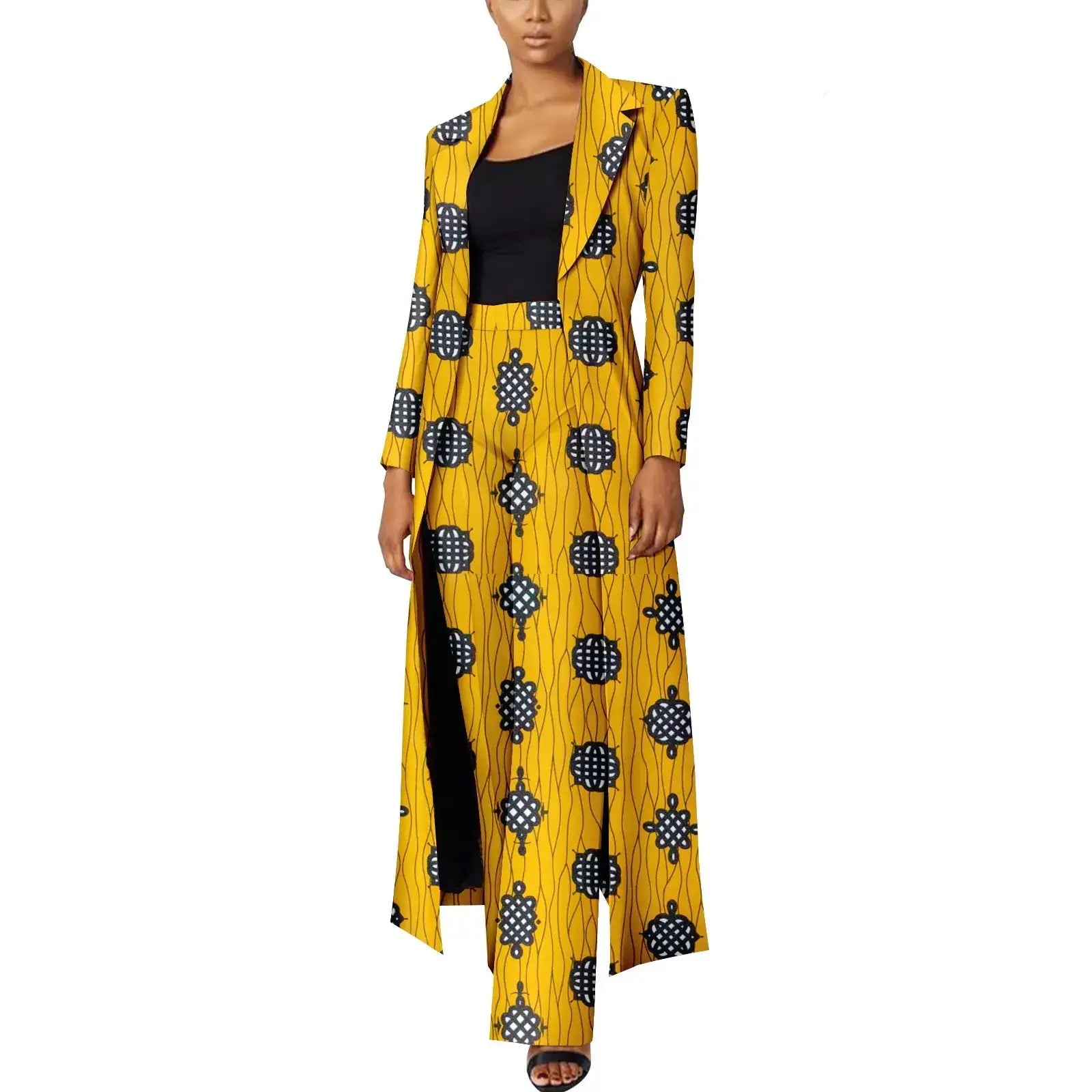 Elegant African Print Two-Piece Suit: Long Tailored Jacket & Wide Leg Pants - Ankara