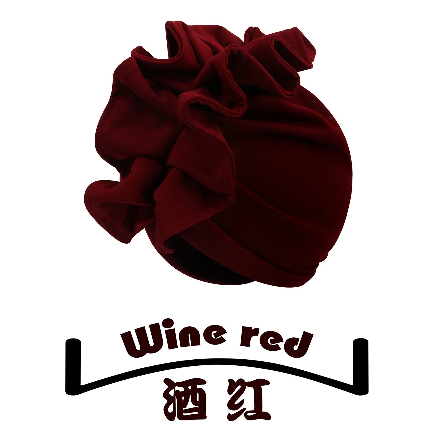 Wine red Rosette Radiance Premade Headwrap with dramatic ruffle accents. A bold and elegant headwrap for a statement look.