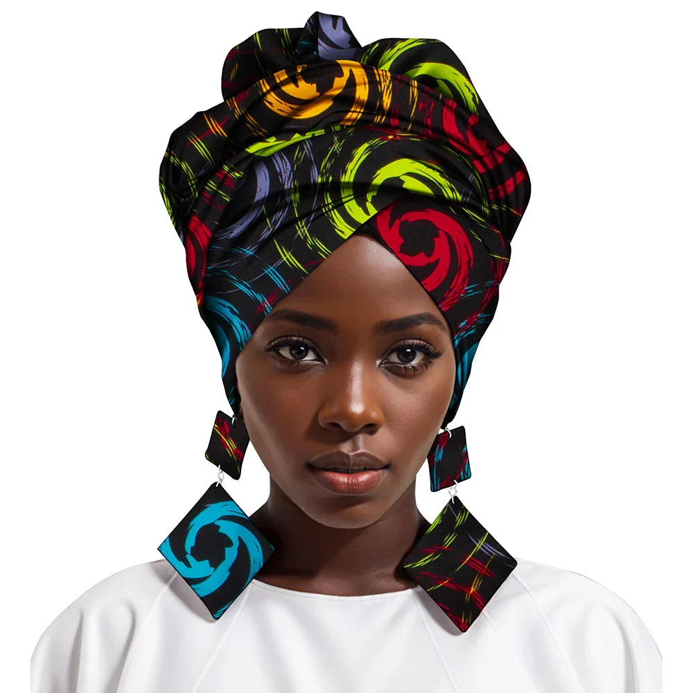 African Gele Head Wrap Scarf with Matching Earrings