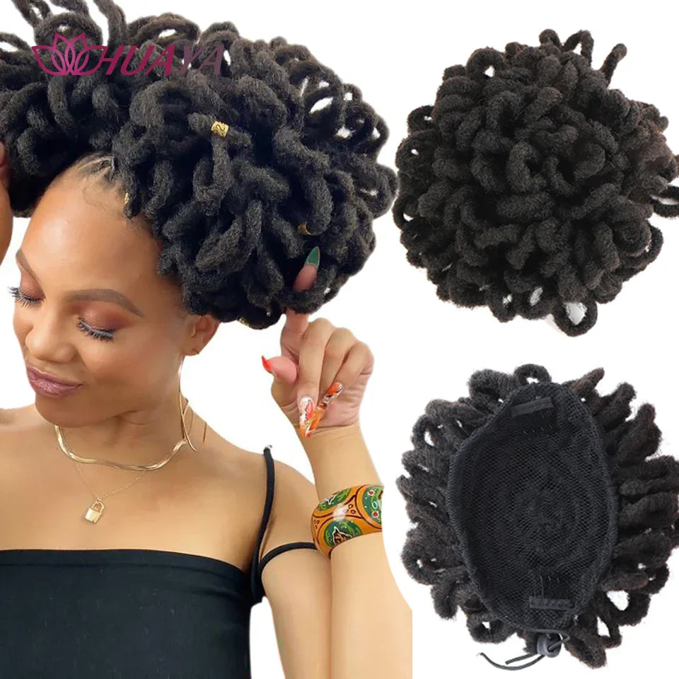 Black dreadlocks hair extensions loc bun with a secure inner net and clips for easy attachment. Ideal for quick and stylish updos.