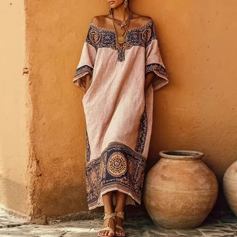 The Sahara Muse: Off-Shoulder Hand-Block Linen Gown