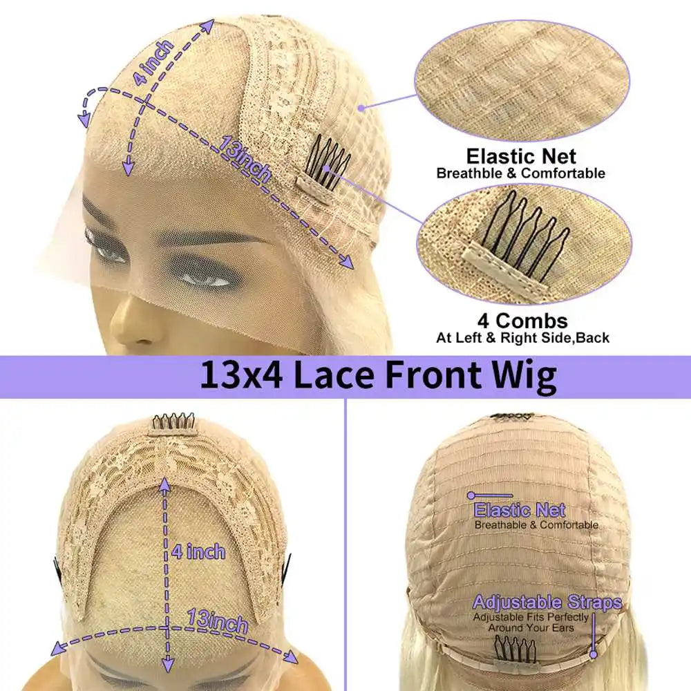 Detailed view of 13x4 lace front wig cap construction with elastic net, adjustable straps, and combs for a secure and comfortable fit.
