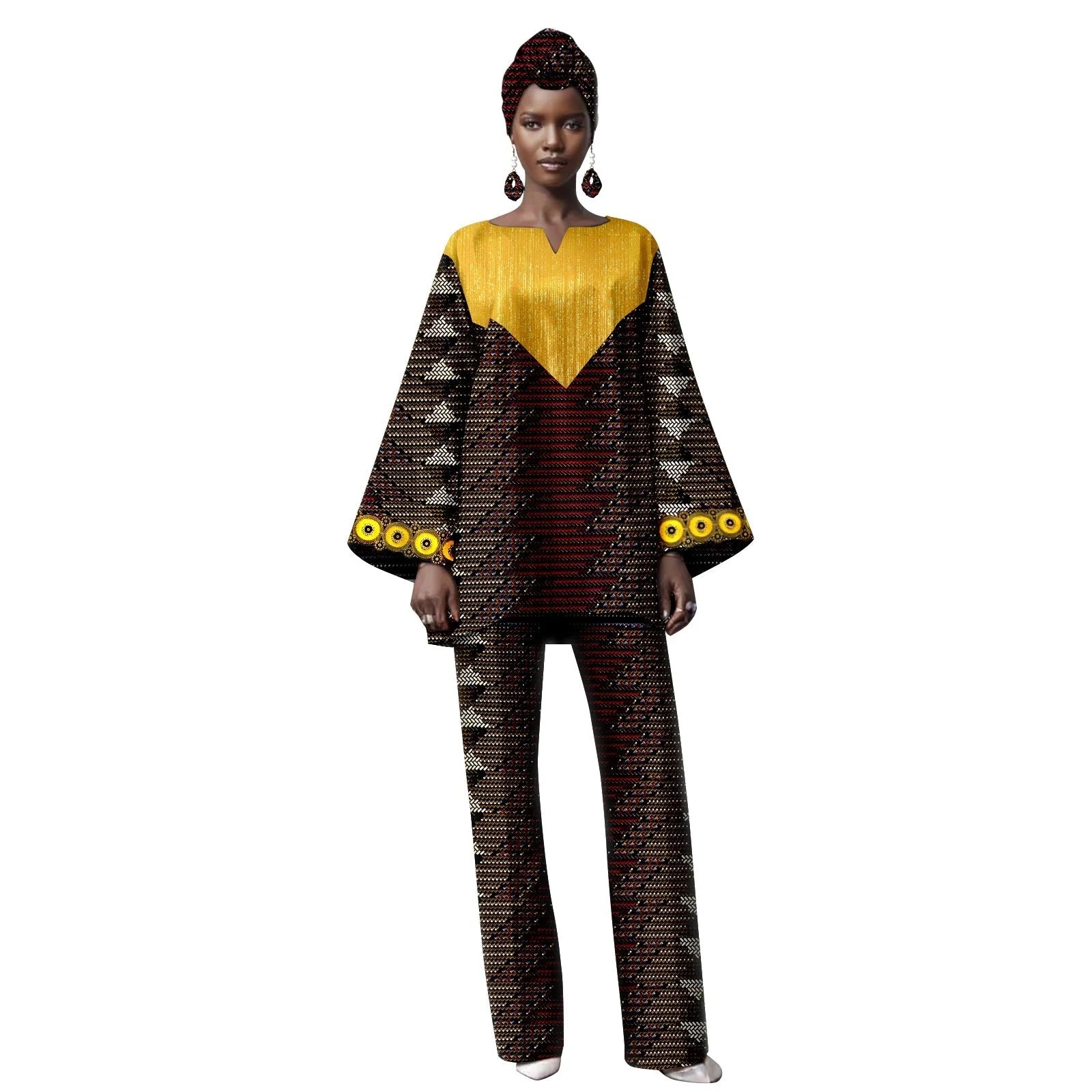 Woman wearing a patterned outfit with yellow accents on a white background, featuring the brand &