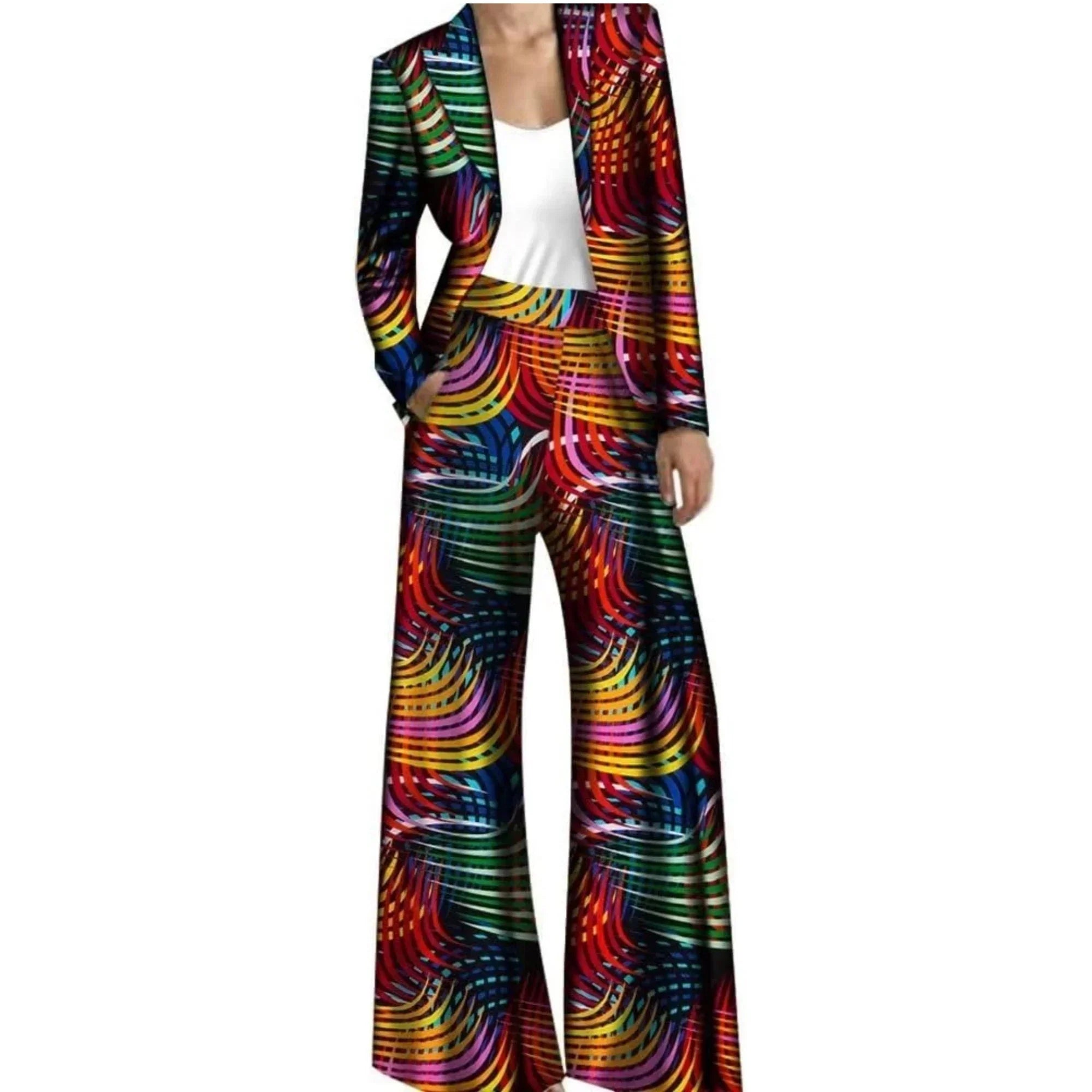 Vibrant African pantsuit with a multicolored wave pattern. Includes a fitted jacket and wide-leg trousers, perfect for bold fashion statements.