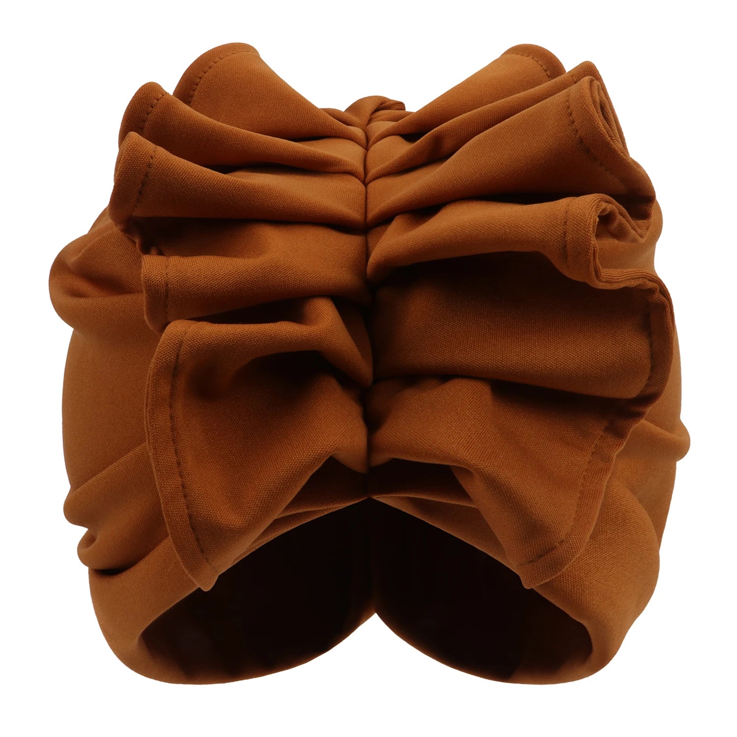 Brown Rosette Radiance Premade Headwrap with voluminous ruffle accents. A stylish and easy-to-wear headwrap for a bold fashion statement.