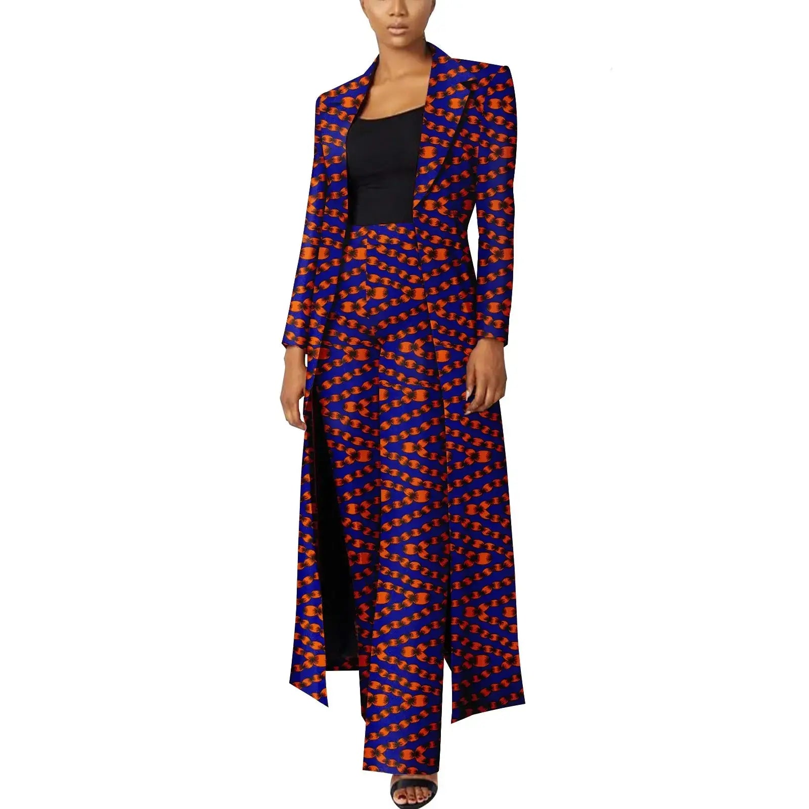 Elegant African Print Two-Piece Suit: Long Tailored Jacket & Wide Leg Pants - Ankara