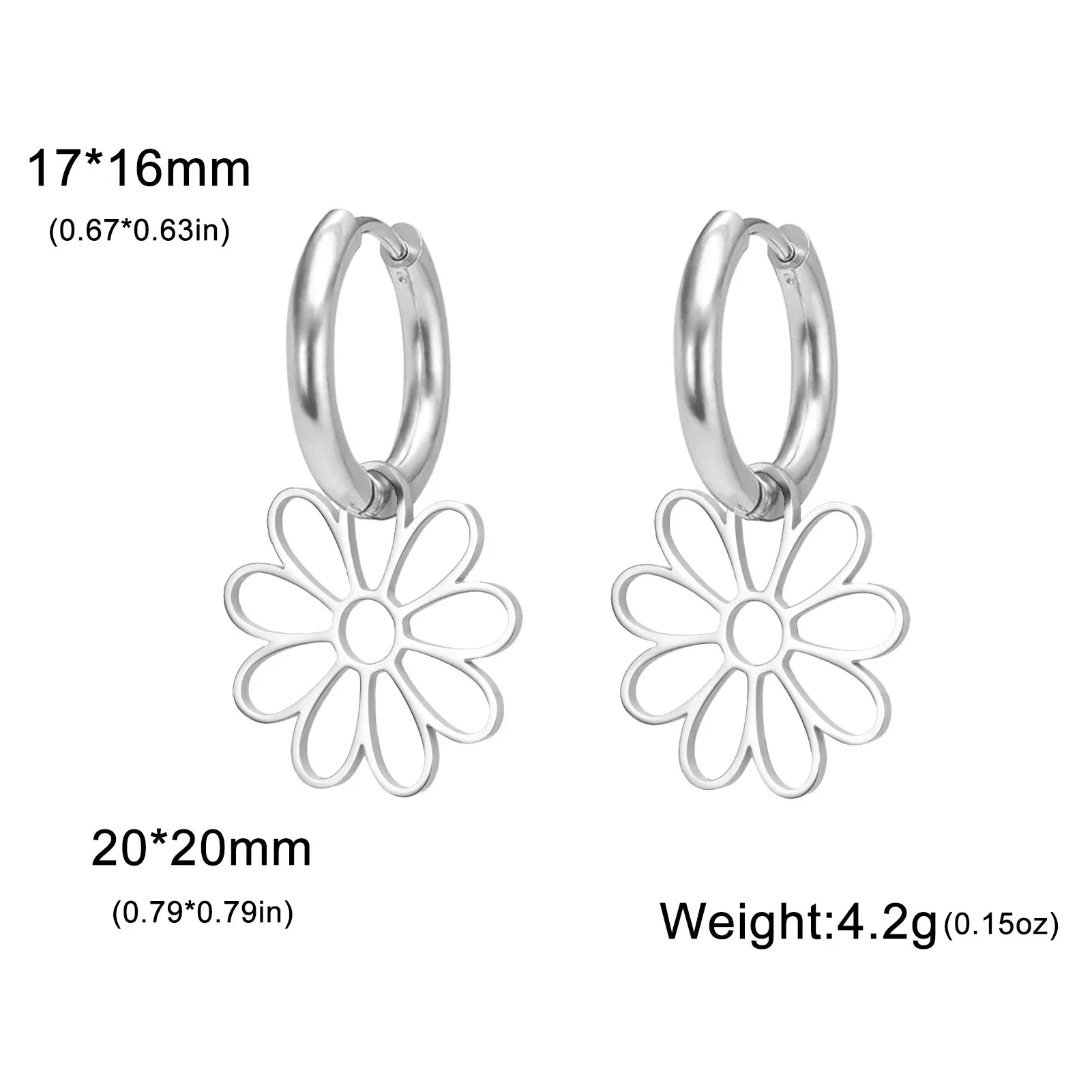 Silver flower hoop earrings with size dimensions and weight details. Minimalist and stylish jewelry piece with a floral charm.
