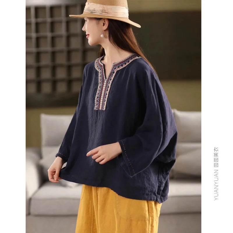 Embroidered Cotton Linen Pullover Top for Effortless Style