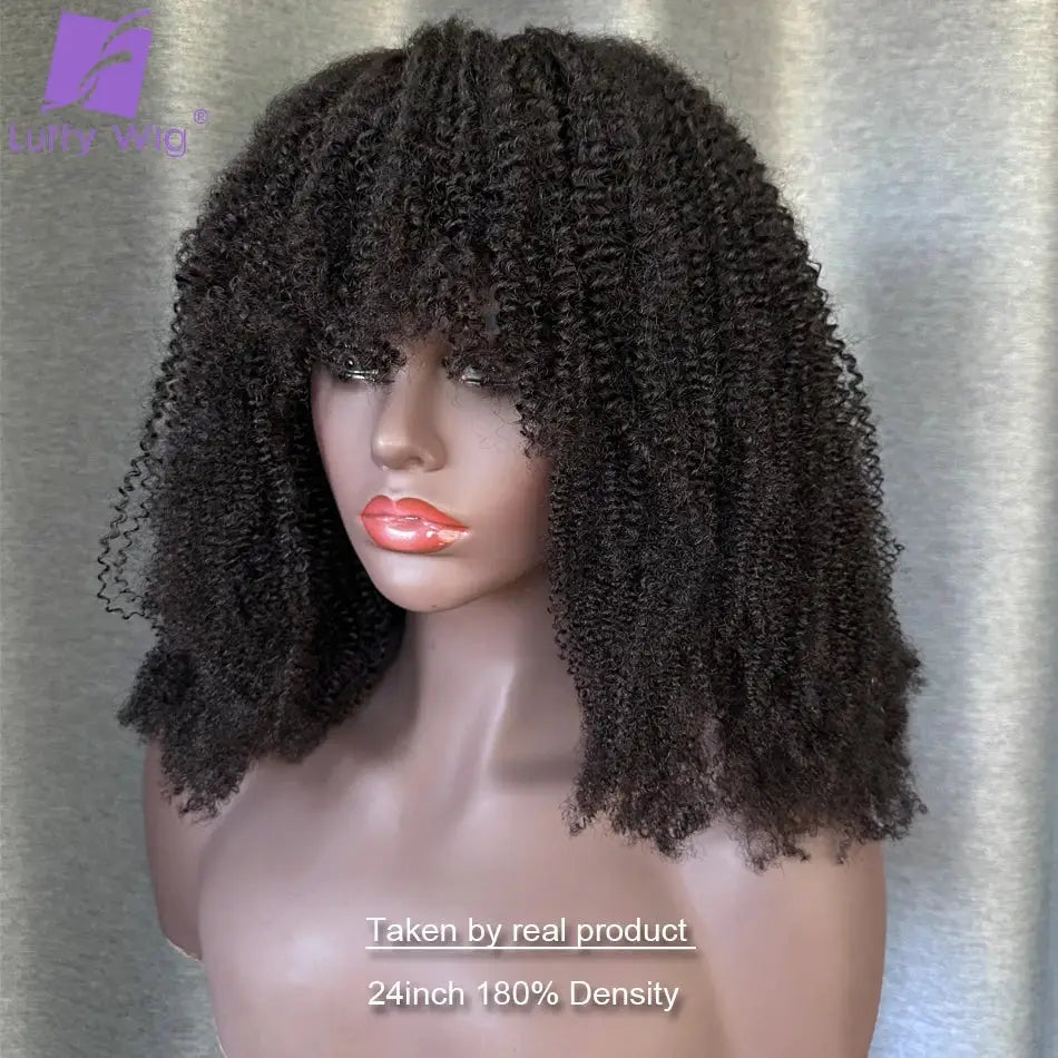 24-inch 180% density glueless 4B 4C Afro kinky curly Brazilian human hair lace wig with bangs, displayed on a mannequin for realistic volume.