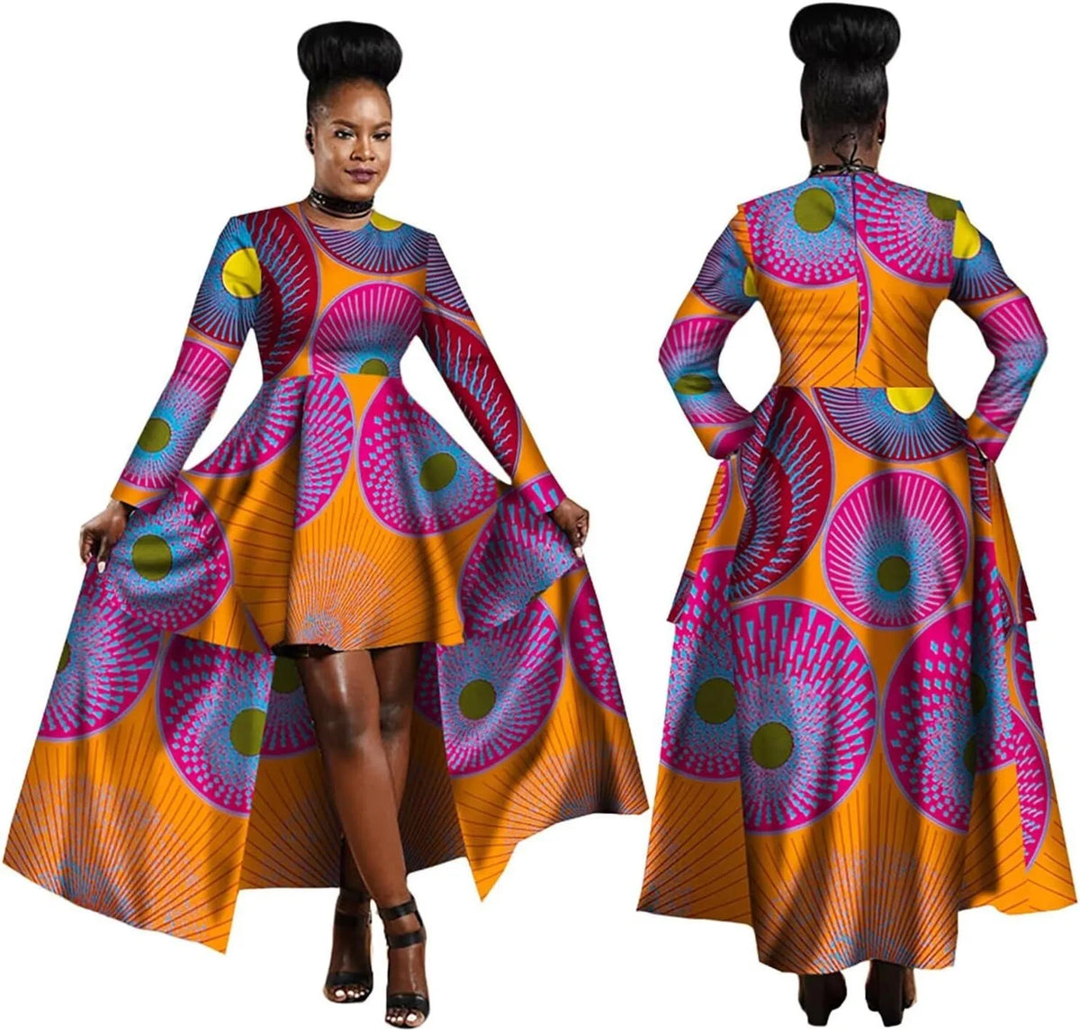 Woman wearing a colorful patterned dress with front and back views on a white background