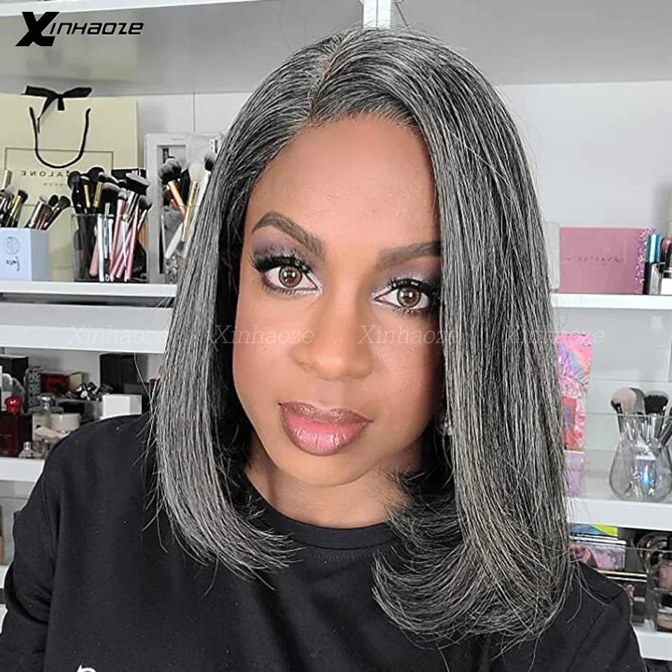 Grey-black shoulder-length wig with a lace frontal, styled in a sleek straight look for a sophisticated appearance.