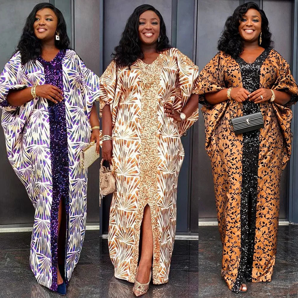 Three stylish abaya maxi dresses with flare sleeves in different colors and patterns, each featuring a sequin front panel and a front slit.