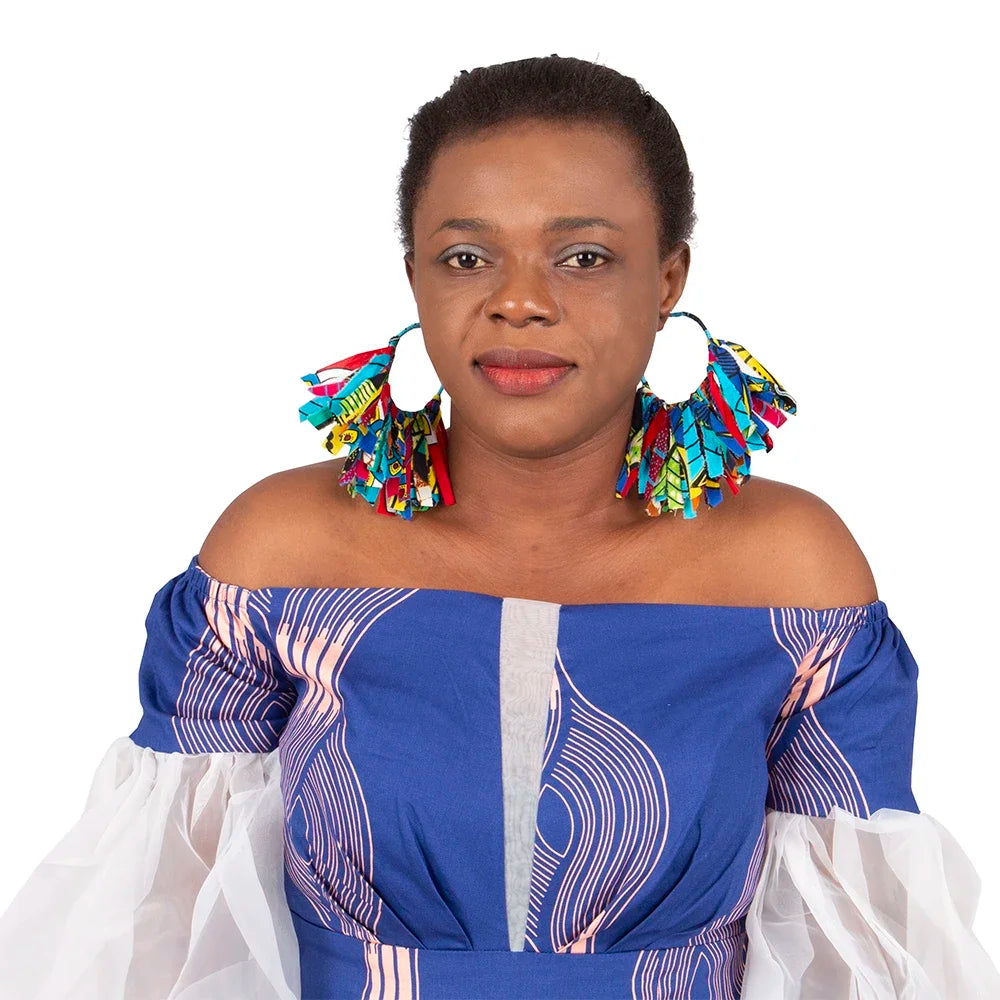 Detailed view of the clasp mechanism on handmade African fabric earrings. Secure and stylish design with vibrant fabric wrapping.