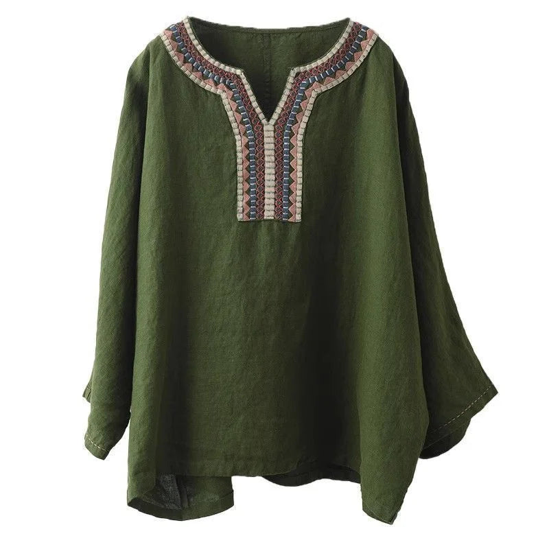 Embroidered Cotton Linen Pullover Top for Effortless Style