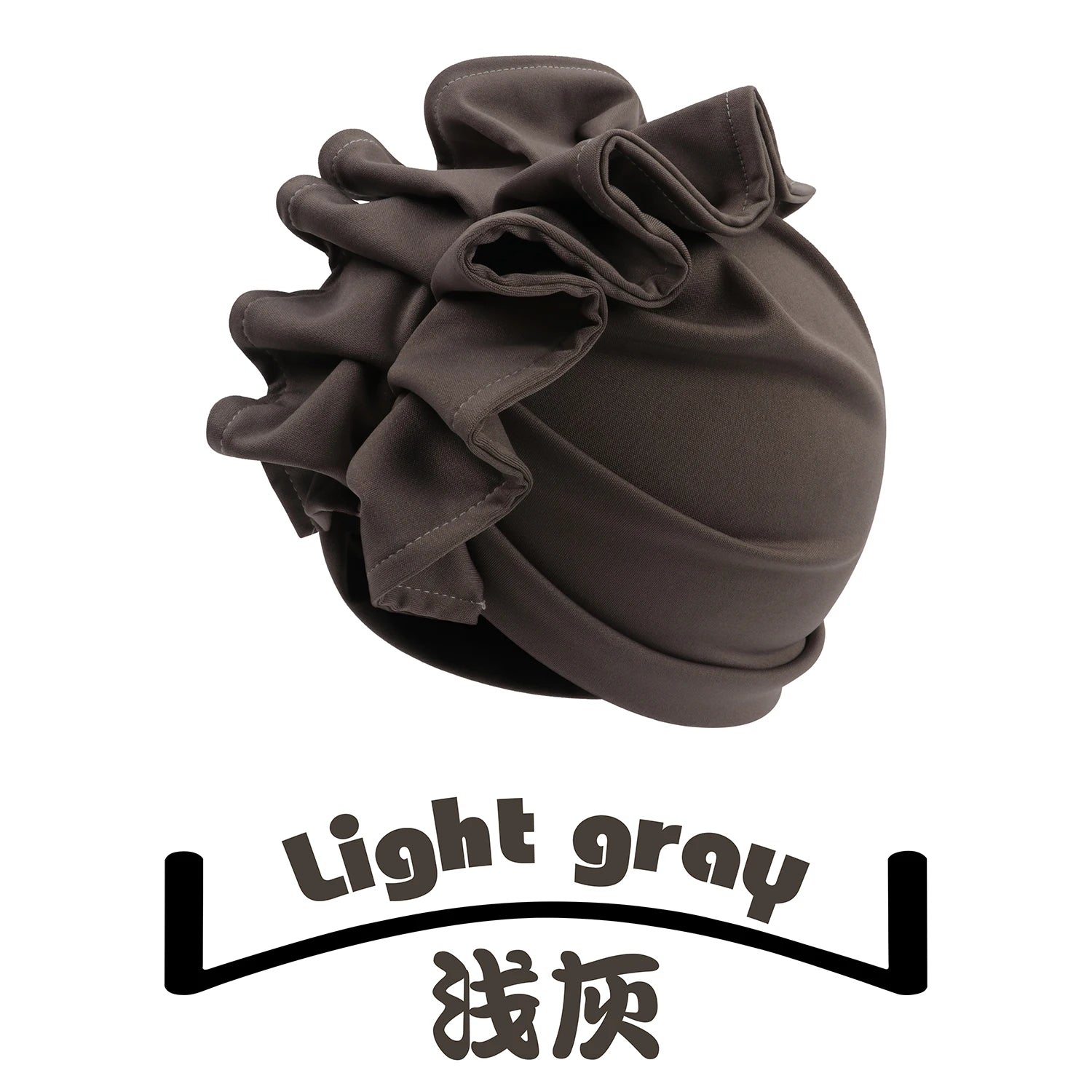 Light gray Rosette Radiance Premade Headwrap with intricate ruffles. A neutral and sophisticated headwear piece for versatile styling.