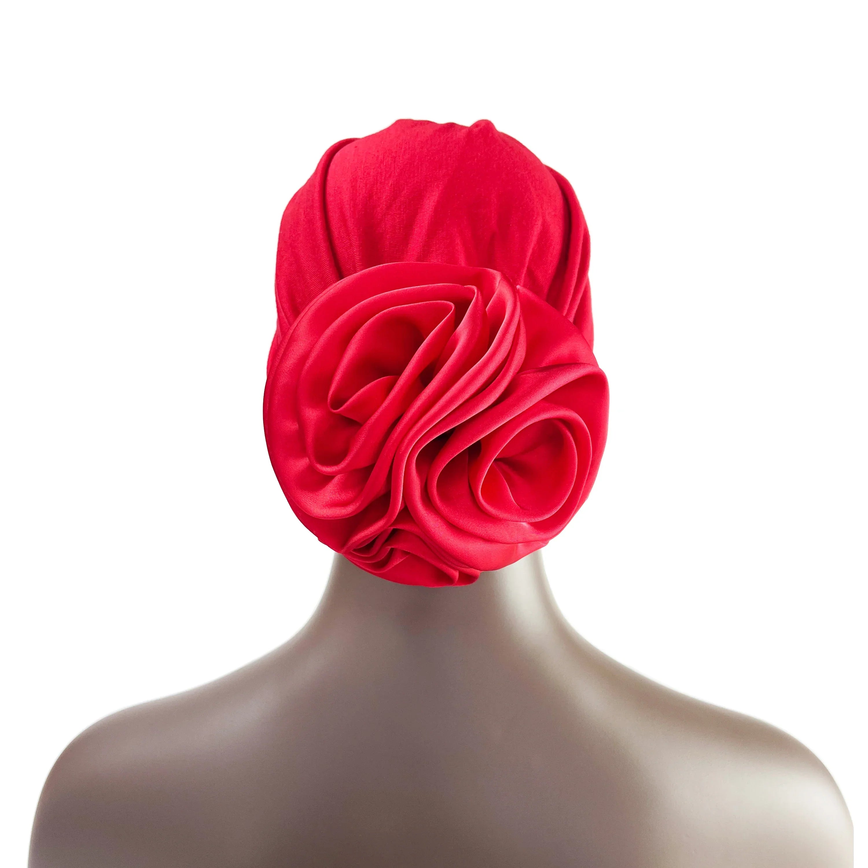 Back view of the red floral stretch bandana head wrap featuring a beautifully crafted fabric rose. Stylish and comfortable head accessory.