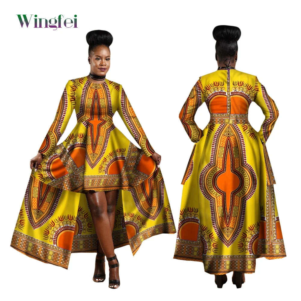 Robe Africaine Hi-Low Dashiki Vert, Or et Rouge pour orner toutes les morphologies du XS au 6X