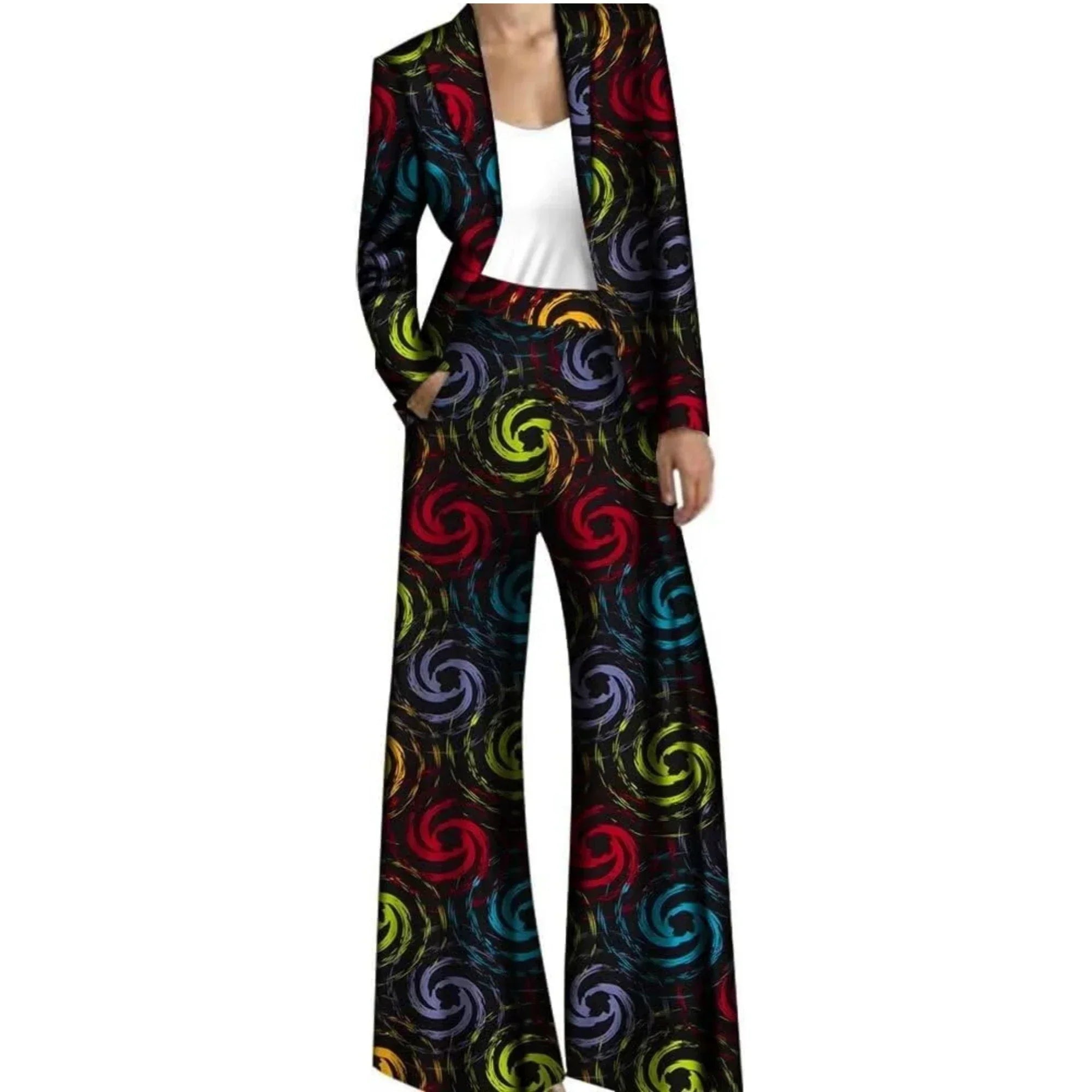 African pantsuit with a black base and multicolored spiral designs. Includes a fitted jacket and wide-leg trousers for a bold fashion look.