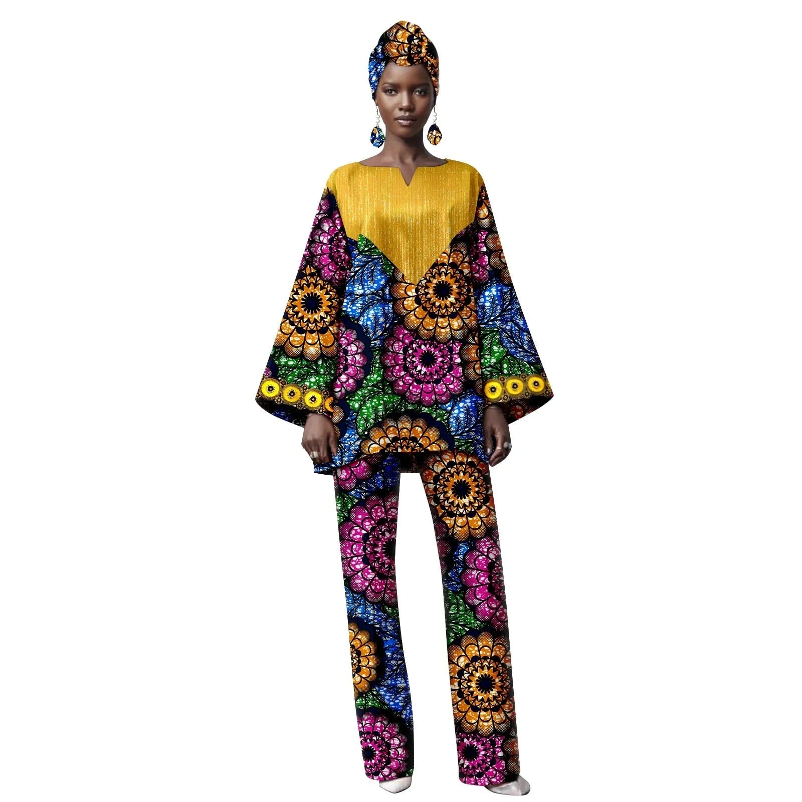 Woman wearing a colorful floral outfit with a yellow top on a white background