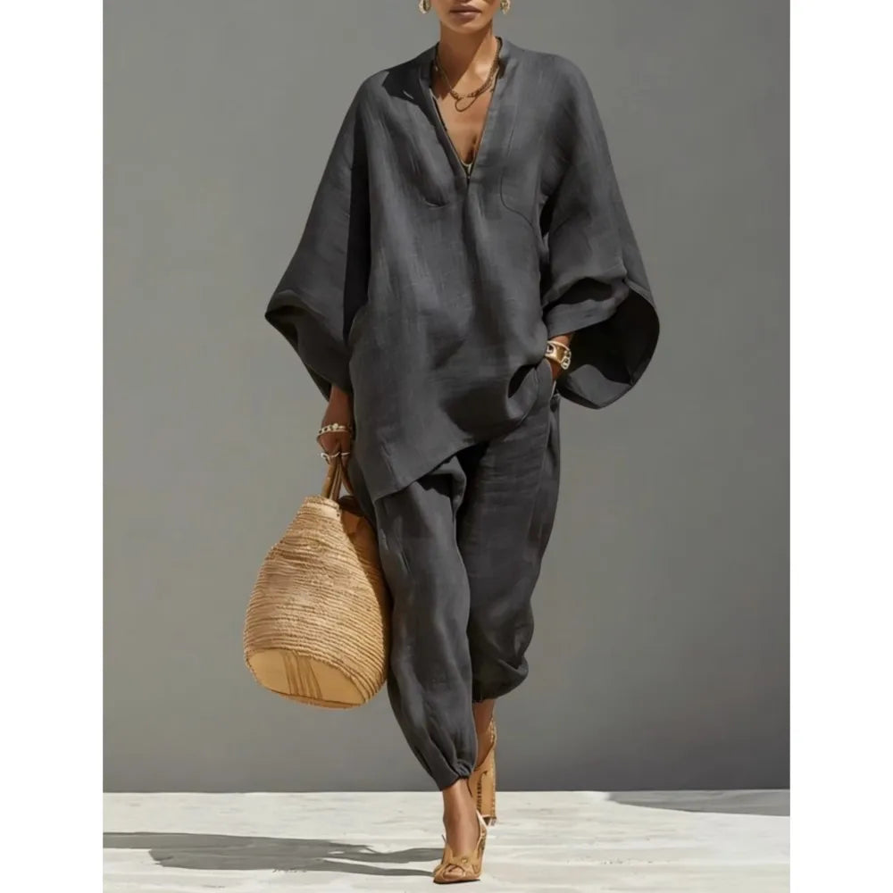 Women’s 2-Piece Linen Blend Lounge Set - Oversized Batwing Tunic & Tapered Joggers