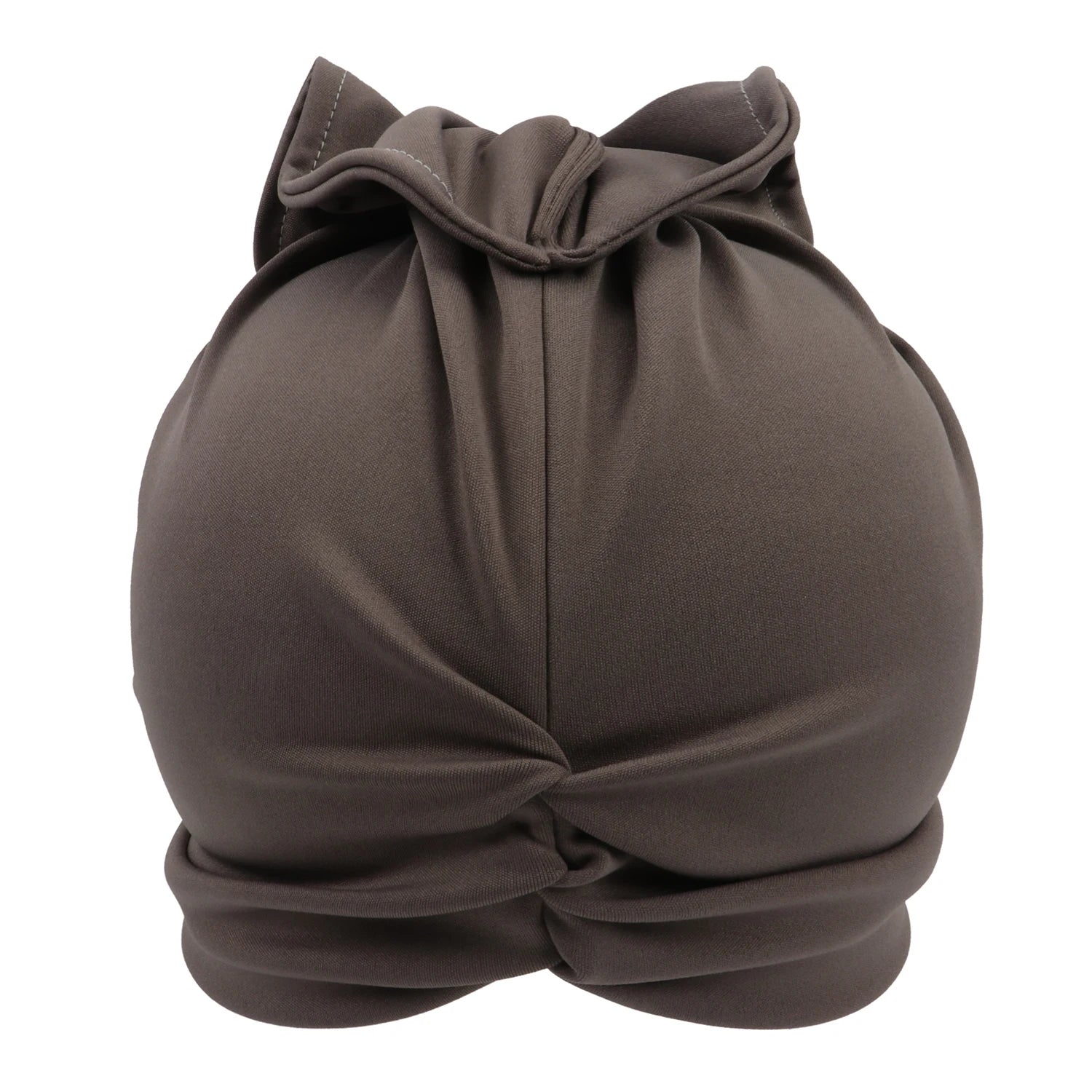 Gray Rosette Radiance Premade Headwrap with a smooth and gathered back design. A versatile and elegant headwear accessory for any look.