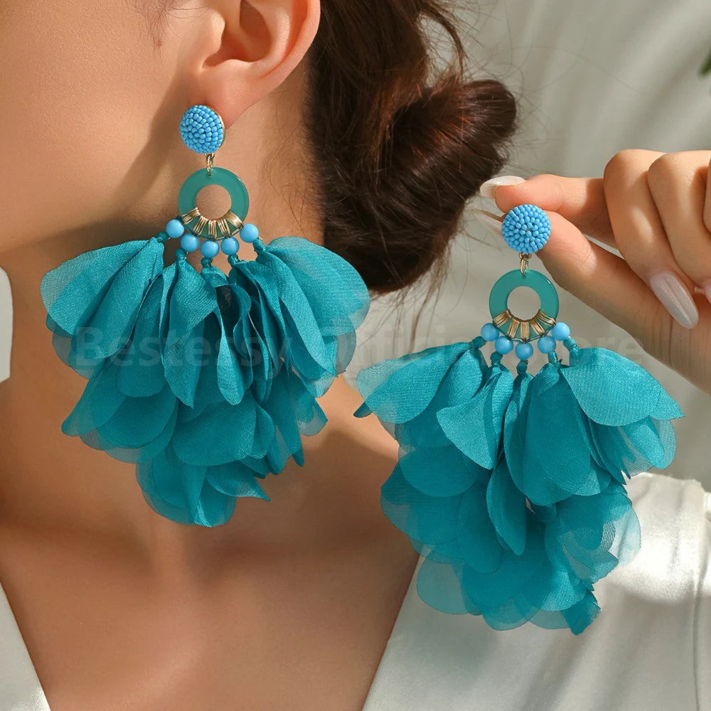 Oversized Fabric Petal Tassel Statement Earrings | Lightweight Floral Boho Drop Earrings for Women