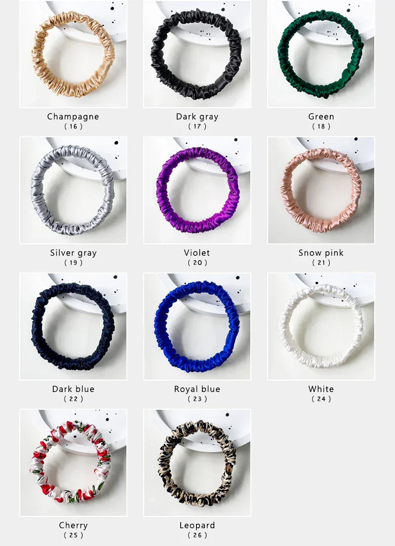 Second color chart of silk elastic hair bands in 15 additional shades like violet, royal blue, and leopard. Choose custom colors for gentle hair styling.