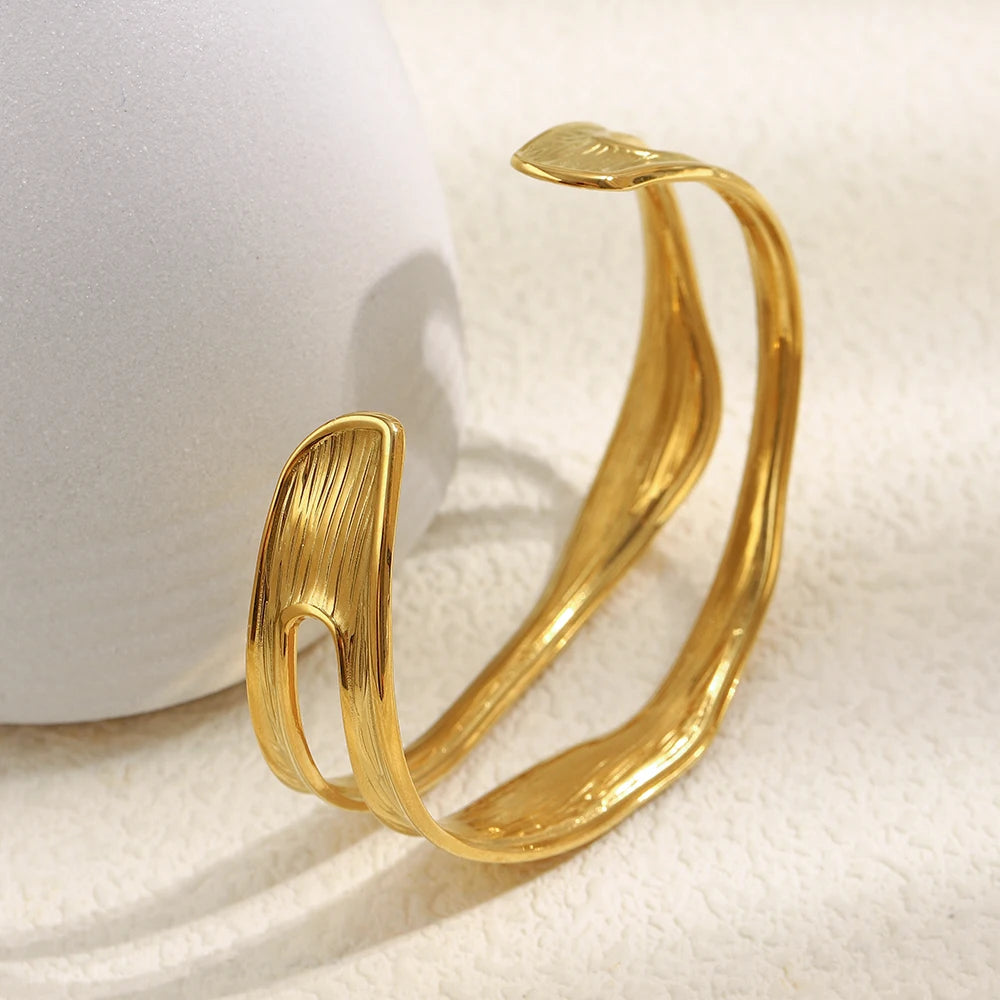Double Layers Wavy Texture Oil Pressure Bracelet Stainless Steel Tarnish Free Jewelry For Women&