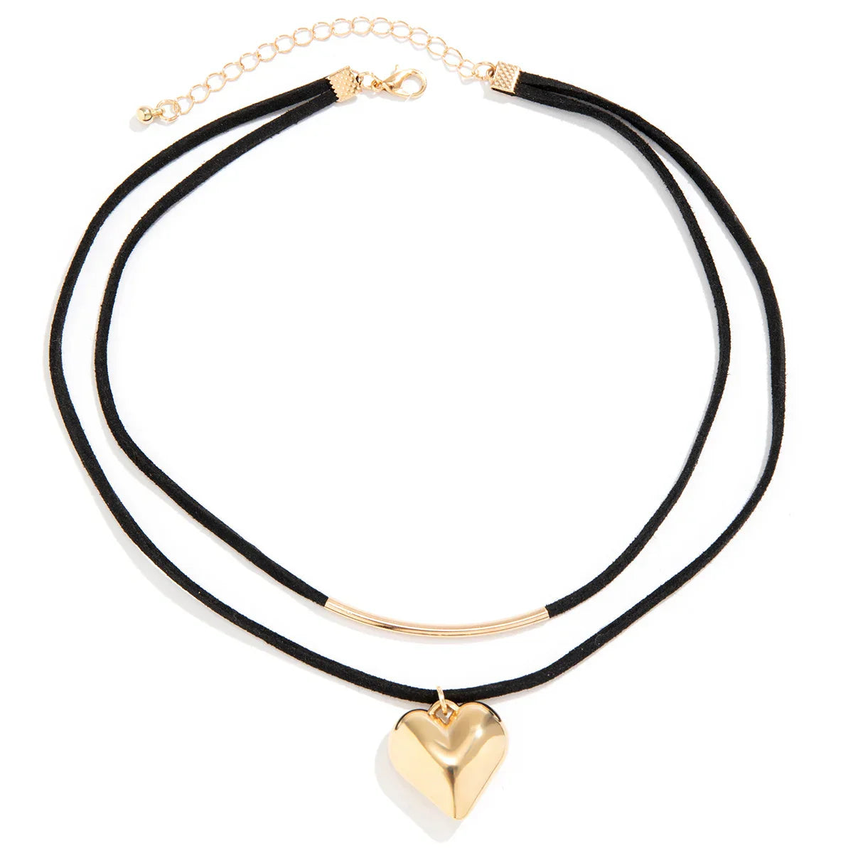 Chic Heart of Gold Layered Necklace with a black double-layered cord, gold heart pendant, and a sleek gold bar accent.