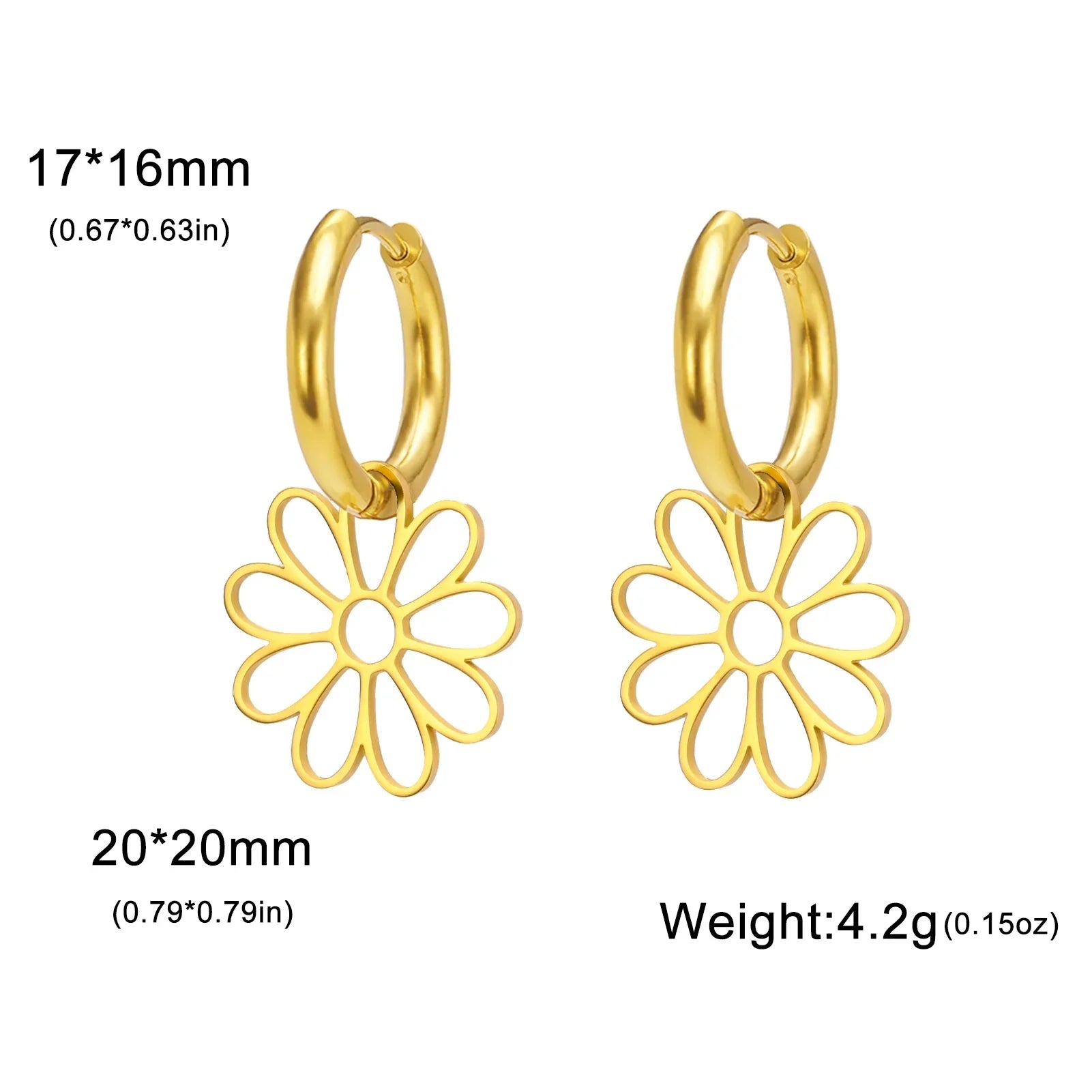 Gold flower hoop earrings with size dimensions and weight details. Elegant and lightweight jewelry piece with a floral charm.