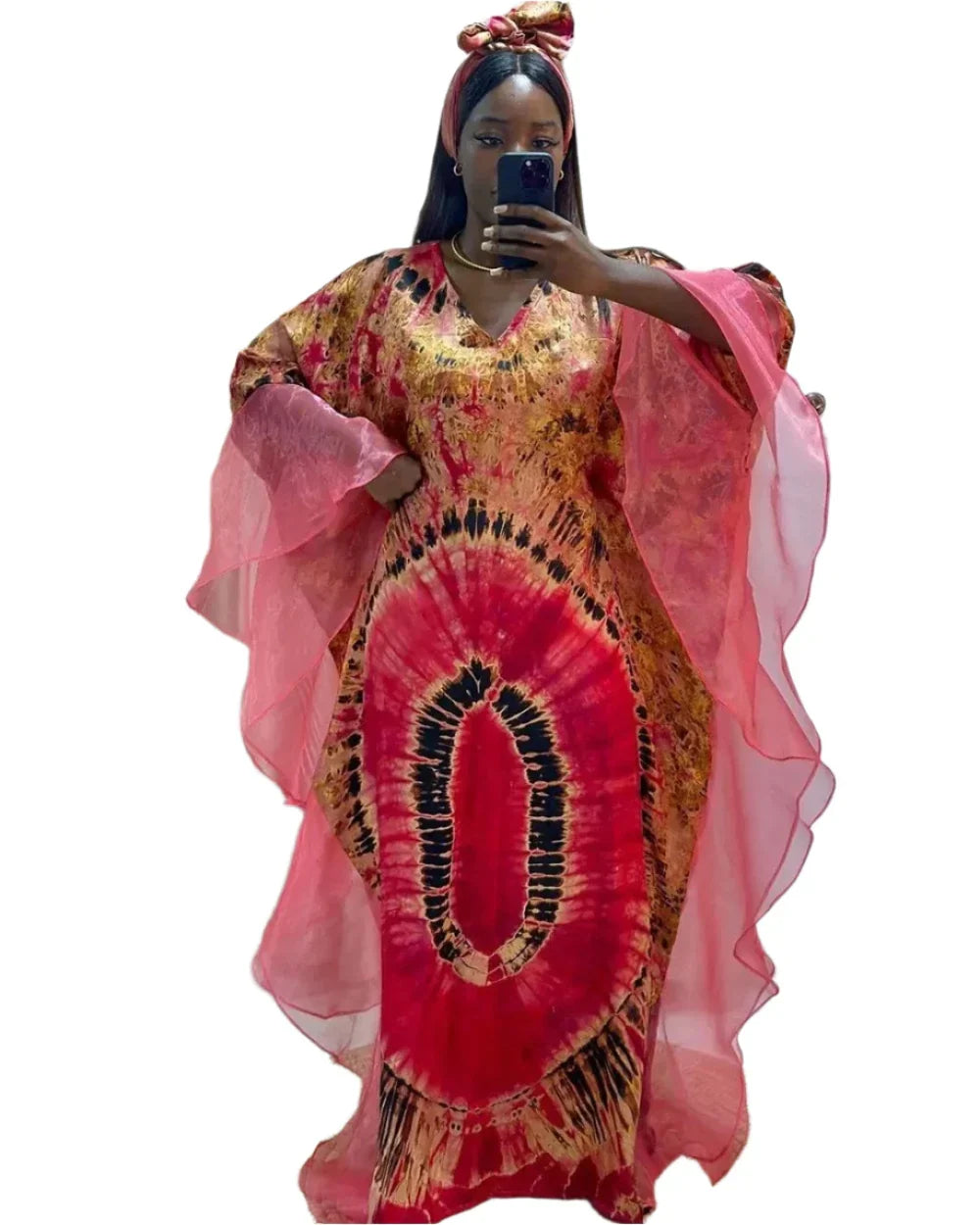 Pink and gold mesh patchwork caftan abaya dress with headscarf, adorned with a vibrant African print and flowing chiffon fabric.
