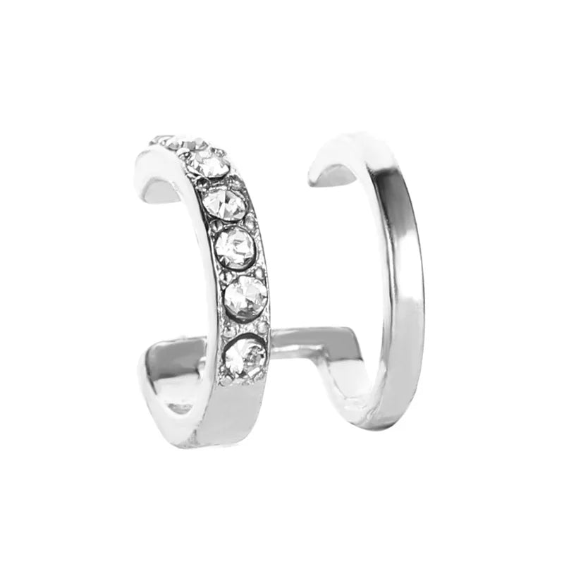 Silver-tone rhinestone double-band ear cuff with a modern vintage design. Elegant and stylish earrings for women.