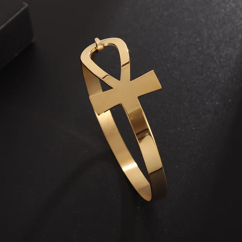 Elegant gold Faithful Embrace Hair Cuff and Bracelet with an Ankh design. A versatile and stylish accessory for locs or wrist fashion.