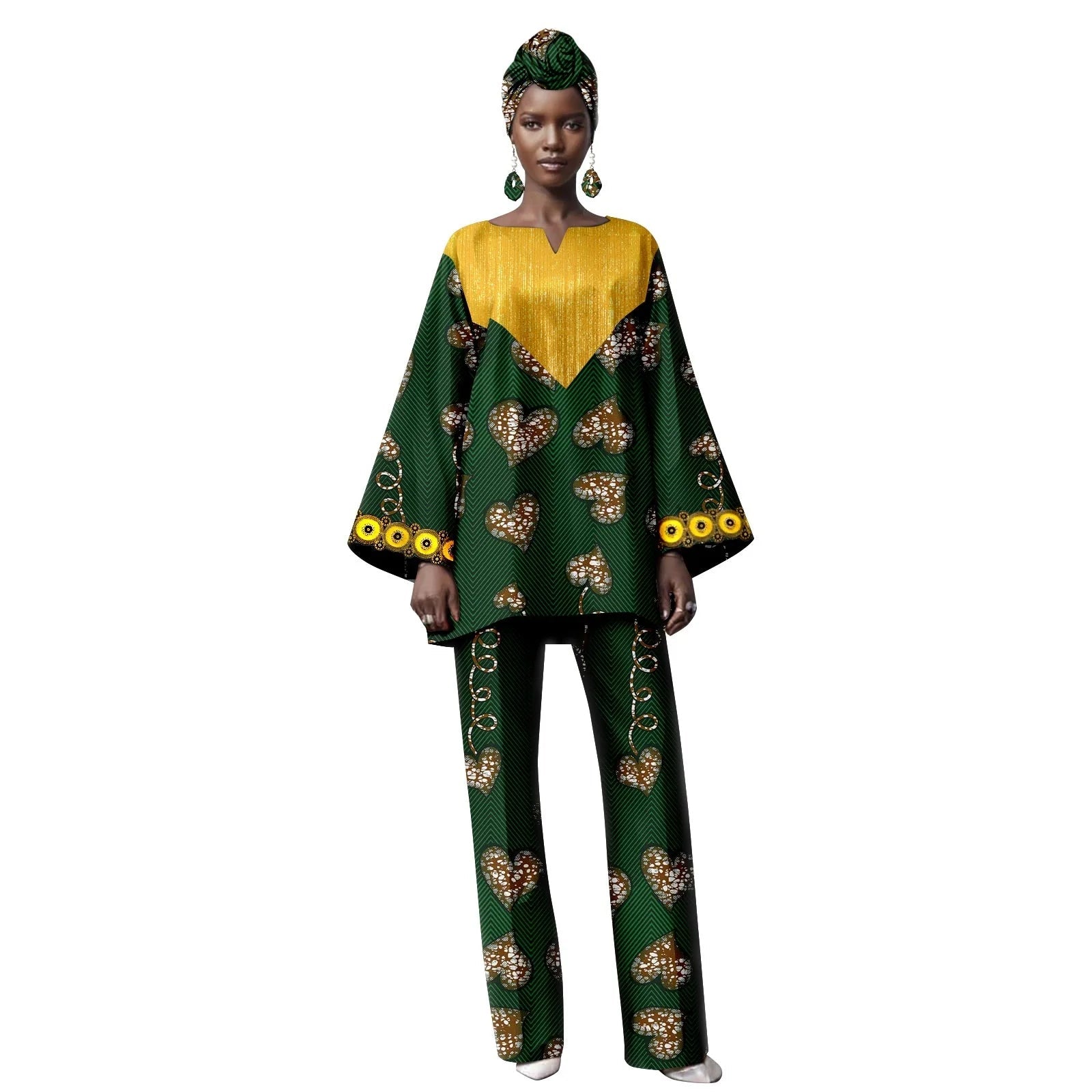 Woman wearing a green and yellow outfit with floral patterns on a white background