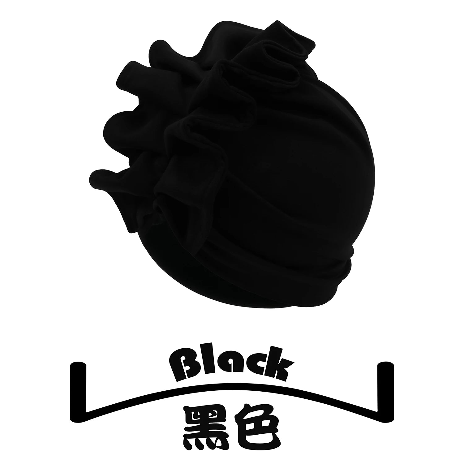 Black Rosette Radiance Premade Headwrap with dramatic ruffle details. A bold and sophisticated headwear piece for any occasion.