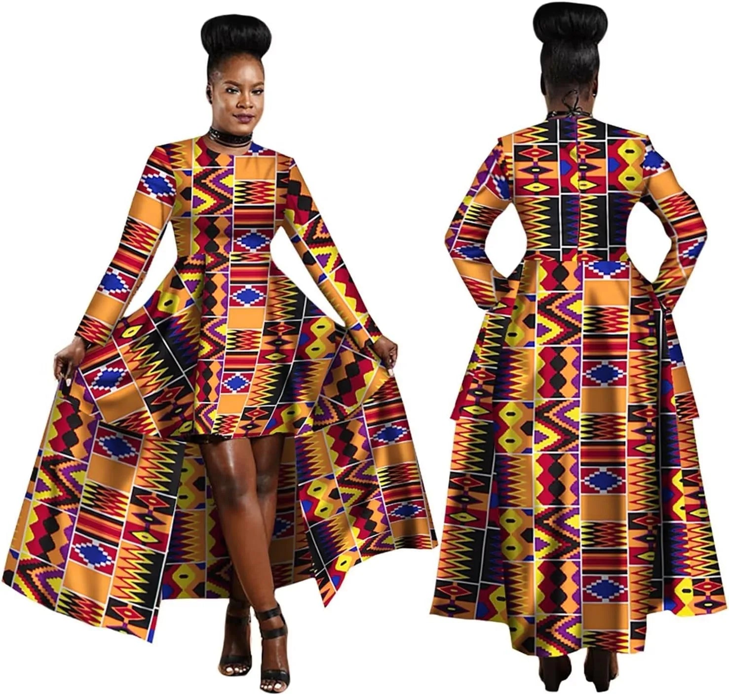 Robe Africaine Hi-Low Dashiki Vert, Or et Rouge pour orner toutes les morphologies du XS au 6X