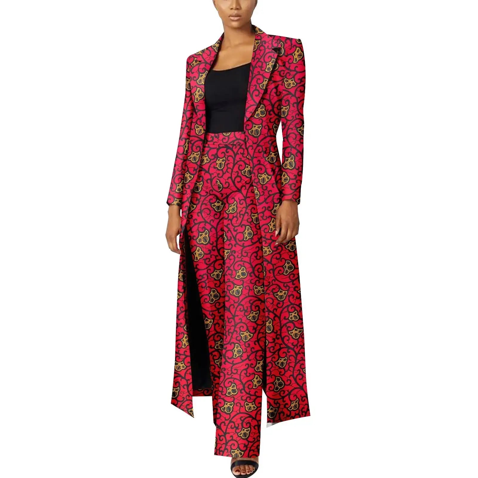 Elegant African Print Two-Piece Suit: Long Tailored Jacket & Wide Leg Pants - Ankara