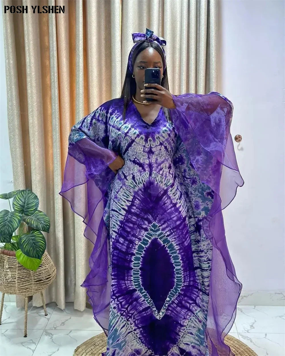 Purple mesh patchwork caftan abaya dress with headscarf, featuring a rich African print and airy, layered chiffon sleeves.