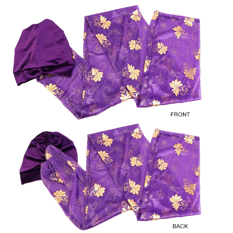 Front and back view of the Regal Amethyst Adorned Headwrap, highlighting its intricate gold floral design and soft fabric. A versatile and elegant headwrap.