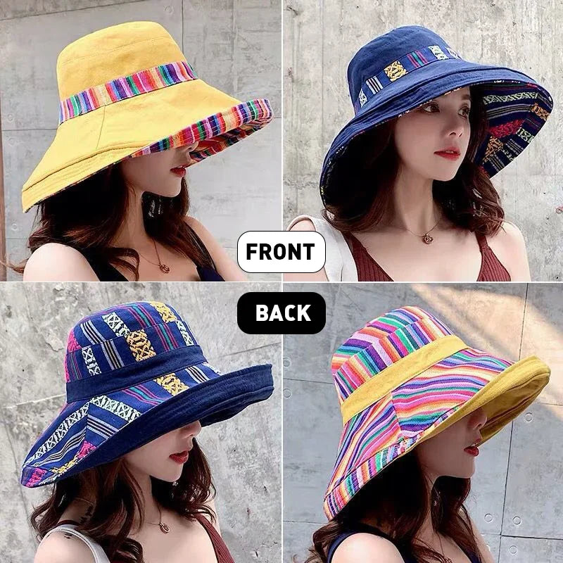 Multi-color reversible sun hats in various shades, including pink, purple, black, and orange-red, with intricate patterns.